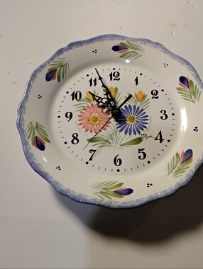 Hand-Painted Floral Faience Wall Clock  in Blue and Pink By QUIMPER 10" Diameter